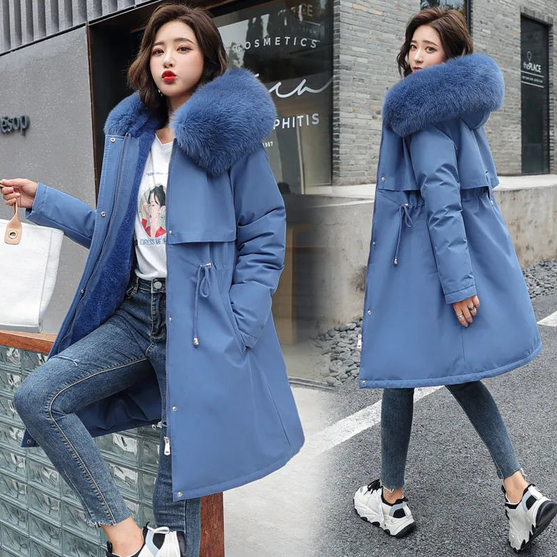Νέο χειμωνιάτικο βαμβακερό παλτό για γυναίκες Κορεάτικο στυλ Μεσαίου μήκους Big Fur Collar Plus Velvet Lining Jacket