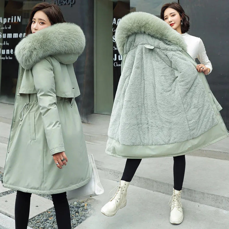 Νέο χειμωνιάτικο βαμβακερό παλτό για γυναίκες Κορεάτικο στυλ Μεσαίου μήκους Big Fur Collar Plus Velvet Lining Jacket