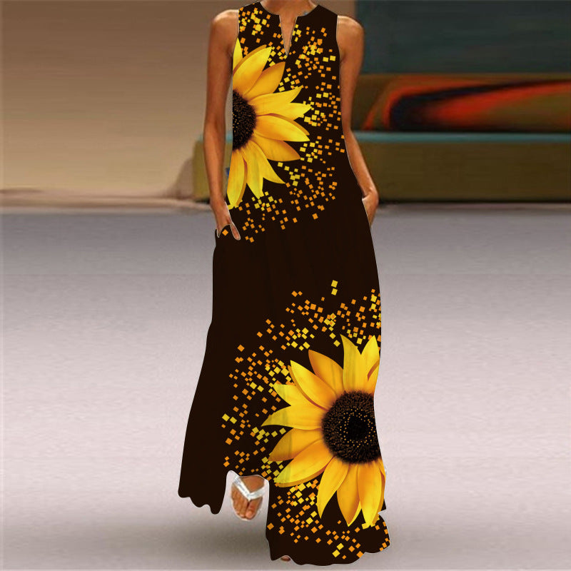 2022 Νέα καλοκαιρινή γυναικεία αμάνικη μακριά φούστα με λαιμόκοψη με στάμπα σμαραγδί λουλουδάτο φόρεμα